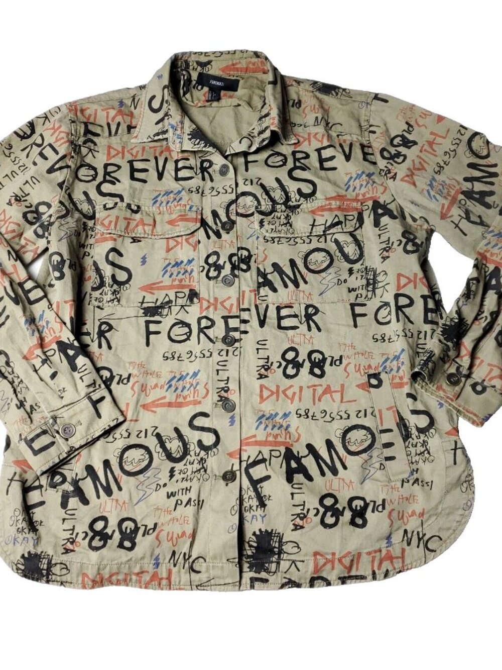 Forever 21 Famous Shirt Womens Large Long Sleeve Button All Over y2k Streetwear